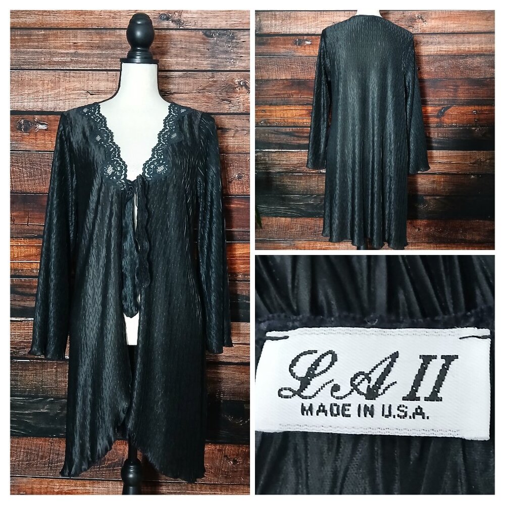 LA II Vintage Negligee Robe Black Gothic Flare Sleeve Tie Front USA Made